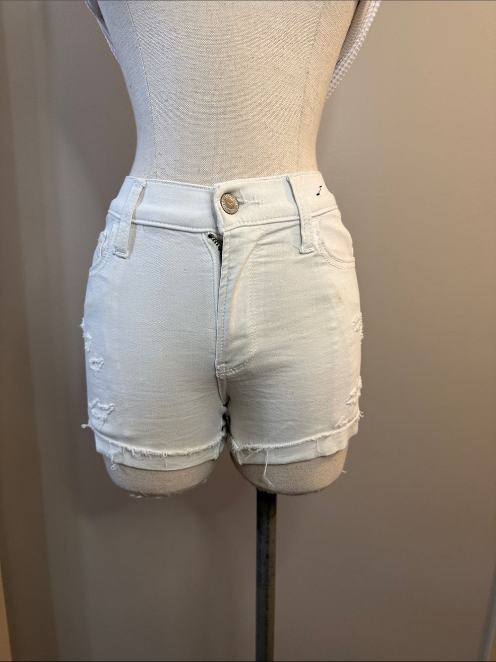 Hollister White Distressed High-Rise Denim Shorts